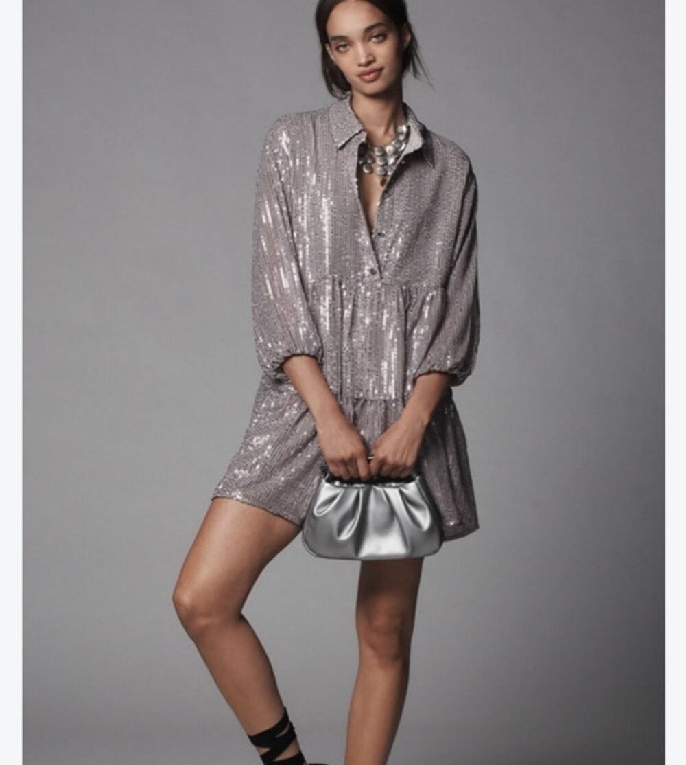 Maeve Bettina Sequin Mini Shirt Dress XS Petite Silver Gray Anthropologie Party